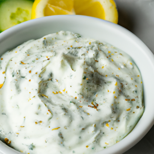 Homemade tzatziki sauce with grated cucumber, garlic, lemon juice, and Greek yogurt, perfect for topping your vegetarian gyro.