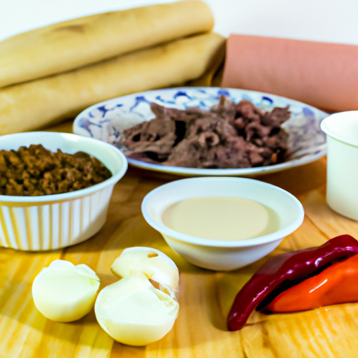 Fresh ingredients including ground lamb, spices, pita bread, and garnishes for making Spicy Lamb Gyro.